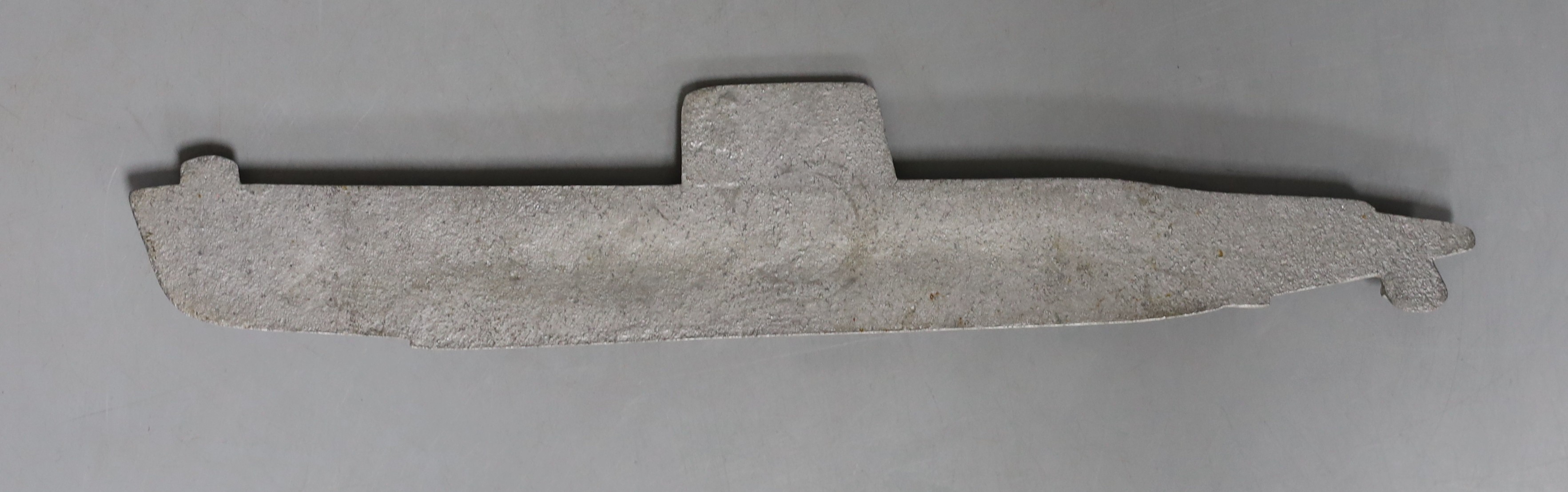 A WWII aluminium half hull model of a submarine, possibly an apprentice piece